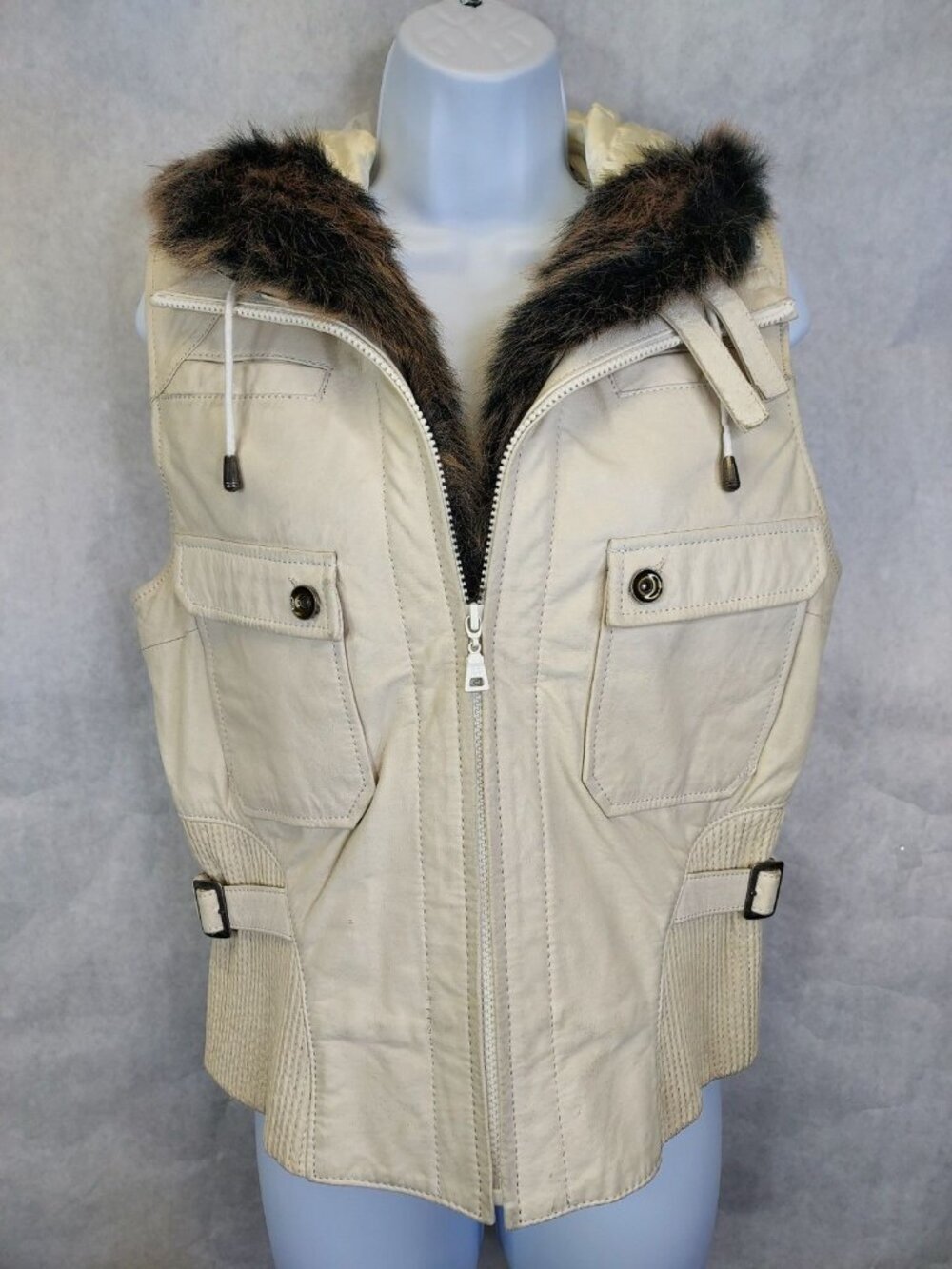 DANIER Hooded Leather Vest Womens S Lined Faux Fur Removable Snap Hat White Punk